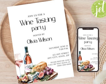 May include: A white invitation with a watercolor illustration of a wine bottle, wine glass, cheese, grapes, and figs. The text on the invitation reads "Join us for a Wine Tasting party Hosted by Olivia Wilson Saturday June 15 7:00 PM 123 Any Street Any City, State, Zip Please RSVP by June 1 Call or text Olivia at (000) 000-0000".