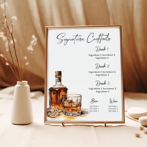 Enseigne de cocktail modifiable, whisky, bourbon, menu de bar personnalisé, anniversaire, retraite, enterrement de vie de garçon, 8 x 10, W103