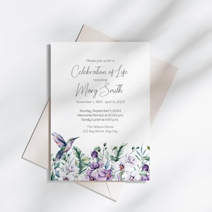 Hummingbird Celebration of Life Invitation: Purple Orchids (Instant Download)