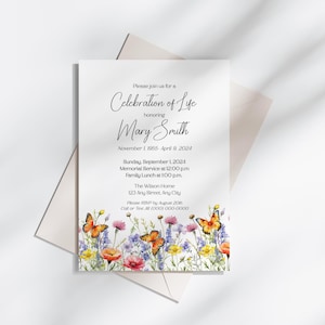 Plantilla de invitación editable para celebrar la vida, conmemorativa, descarga instantánea, flores silvestres y mariposas