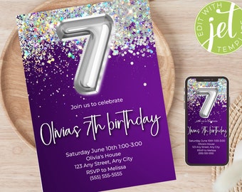 May include: Purple birthday invitation with silver glitter and a silver number 7 balloon. The text reads "Join us to celebrate Olivia's 7th birthday" and includes the date, time, location, and RSVP information.