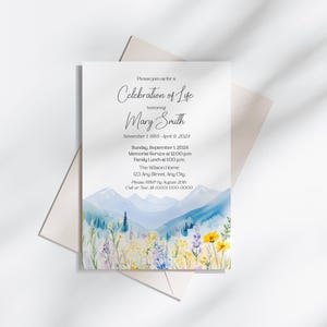 Celebration of Life Editable Invitation Template, Mountain Wildflower Landscape, Memorial and Remembrance, Instant Download