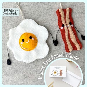 Adornos de fieltro con forma de huevo y tocino con manos magnéticas. Plantilla de patrón en PDF con instrucciones paso a paso y tarjetas imprimibles