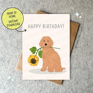 Impression à la maison en téléchargement numérique - carte tournesol Goldendoodle - 4 impressions incluses, une vierge. Livraison instantanée. Carte de voeux personnalisable
