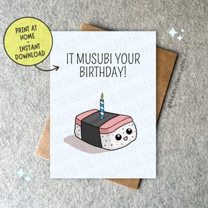 Imprima em casa e baixe o Cartão Musubi Spam Digital - 4 impressões incluídas, uma em branco. Entrega instantânea. Cartão de felicitações personalizável.