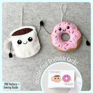 Modèle PDF d'ornement en feutre Coffee & Donut et instructions étape par étape. Comprend 4 cartes imprimables !