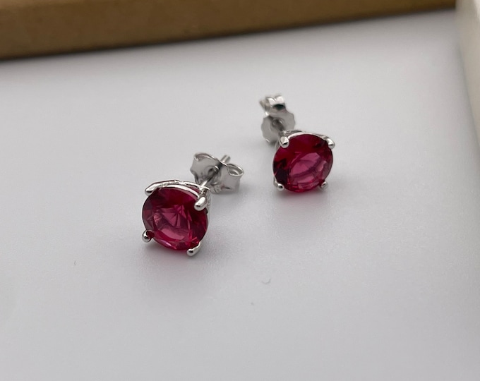 Sterling Silver Red Ruby Round Cut Studs Earrings Men And Women