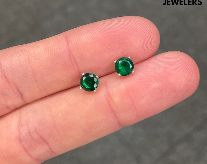 Sterling Silver Round Emerald Cut Created Gemstone Studs