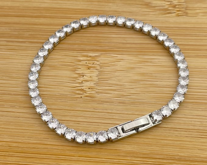 14K White Plated Round Cut Tennis Bar Bracelet 4MM Cubic Zirconia Tennis Bracelet