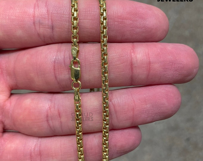 Solid 925 Sterling Silver 2.5MM Round Box Chain Necklace Italian Made 14K Gold Plated