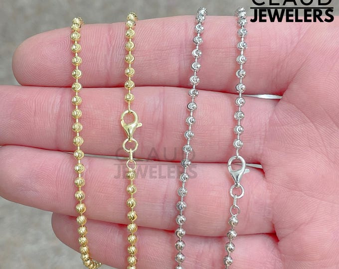 Sterling Silver Set Of 2 Moon Cut Ball Chain Necklace 3mm 925 Silver Chain UNISEX - Set Of 2 Sterling Silver Necklace