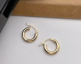 REAL Italian Solid 14K Yellow French Lock Hoops Earrings, 14K Half Diamond Cut 15MM Hoops Women Children