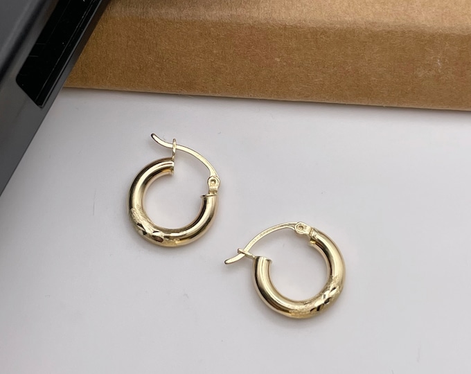 REAL Italian Solid 14K Yellow French Lock Hoops Earrings, 14K Half Diamond Cut 15MM Hoops Women Children
