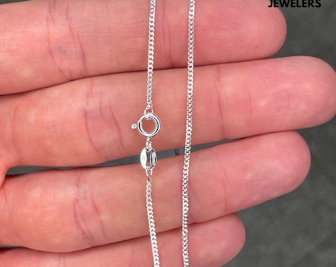 Solid 925 Sterling Silver 1.3MM Thin Curb Link Chain Pendant Necklace Adult And Kids
