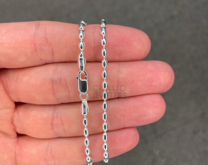 Solid 925 Sterling Silver 3MM Oval Bead Ball Link Chain Necklace Beaded Ball Necklace