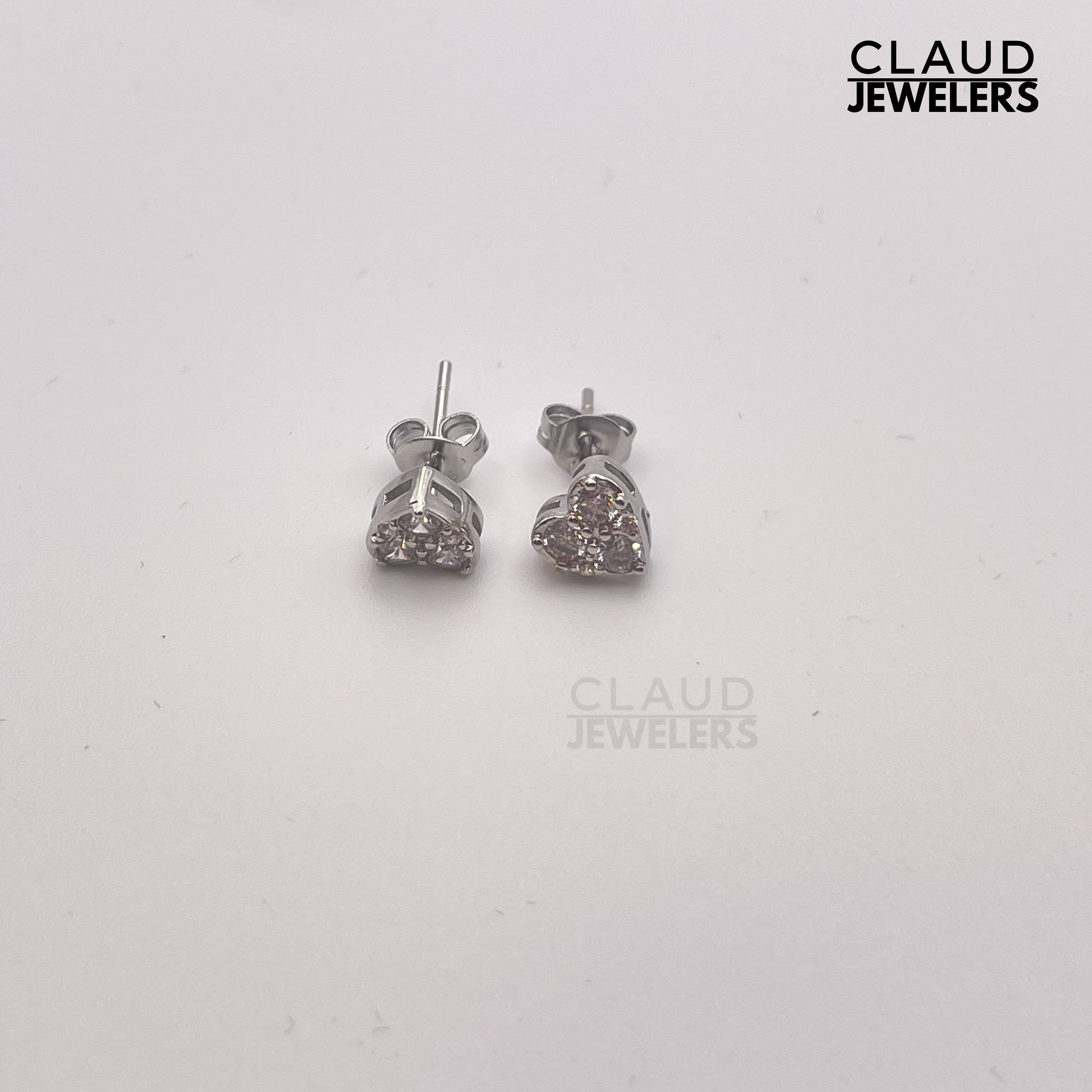 Sterling Silver Heart Stud Earrings, Tri Stone Heart, Cubic Sterling Silver Heart Stud Earrings, Tri Stone Heart, Cubic