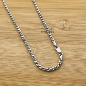 925 Solid Sterling Silver Rhodium 3MM Rope Chain Necklace, Lobster Clasp, Italian Made