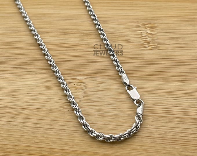 925 Solid Sterling Silver Rhodium 3MM Rope Chain Necklace, Lobster Clasp, Italian Made