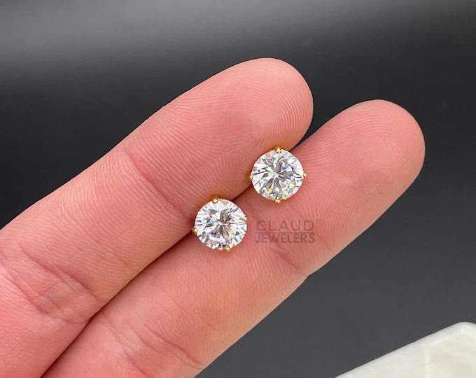 Sterling Silver Round Cut Studs Earrings Men And Women 8MM 14K Gold Plated Studs