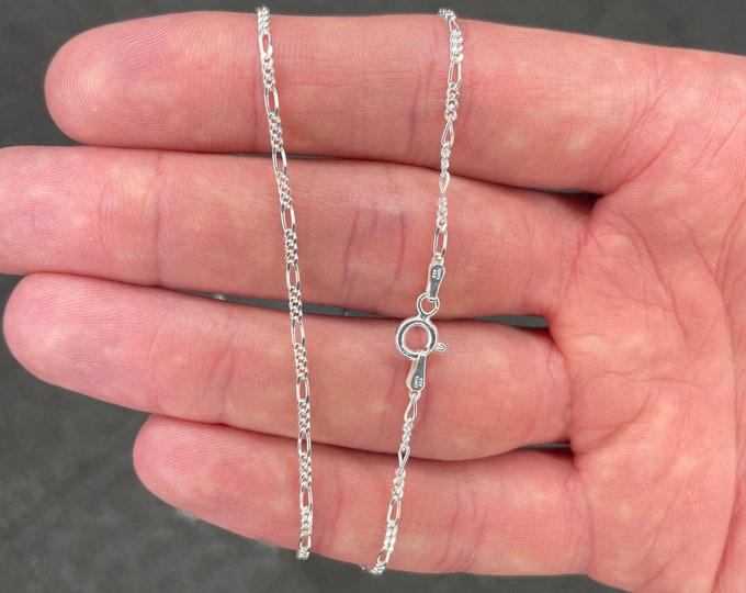 Solid 925 Sterling Silver 1MM Thin Figaro Link Chain Pendant Necklace Adult And Kids