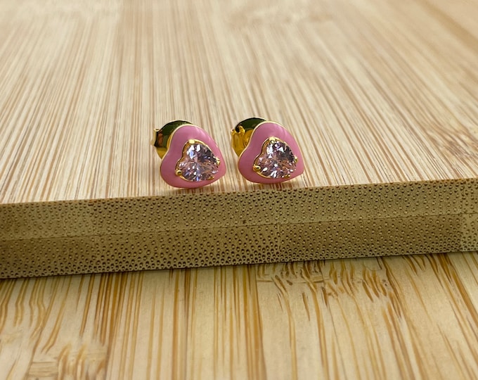 14K Gold Pink Sapphire Heart Stud Earrings For Women Girls