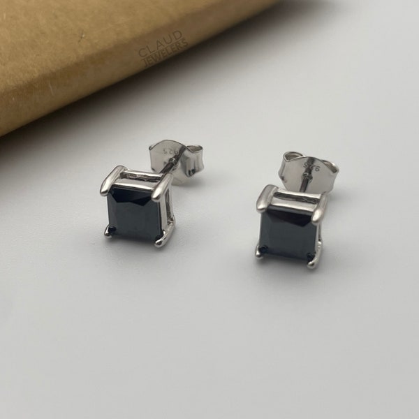 Sterling Silver Created Black Onyx Square Cut Studs Earrings Men And Women