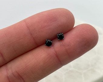 Sterling Silver Black On Black Onyx Round Cut Studs Earrings Men And Women 4MM