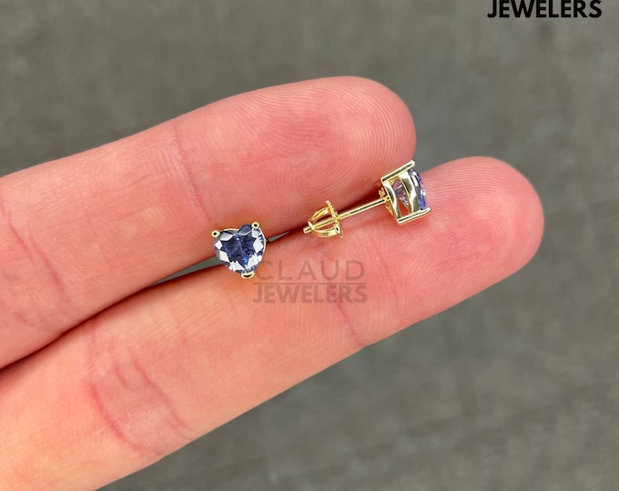 Sterling Silver Created Tanzanite Heart Cut Stud Earrings - 14K Gold Plated Sterling Silver Earrings
