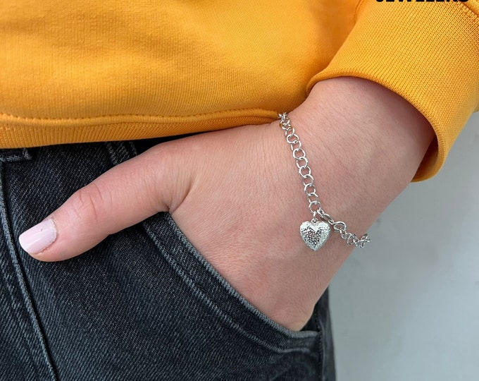 Diamond Cut Heart Bracelet, Dangle Heart Bracelet For Women