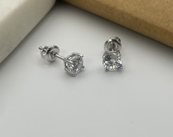 Sterling Silver Cubic Zirconia Round Cut Studs Earrings Men And Women ALL SIZES 3MM-8MM