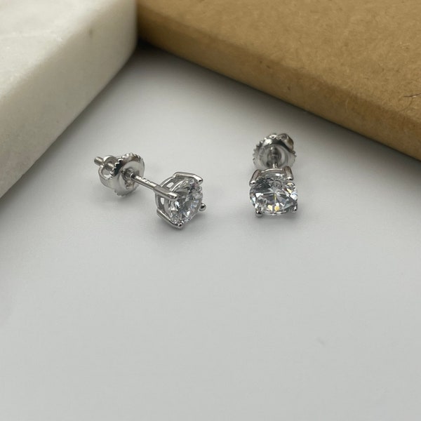 Sterling Silver Cubic Zirconia Round Cut Studs Earrings Men And Women ALL SIZES 3MM-8MM