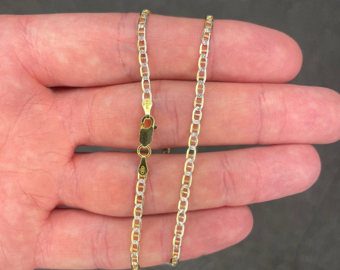 Solid 925 Sterling Silver Two Tone Flat Mariner Link Chain Necklace UNISEX - Multiple Lengths