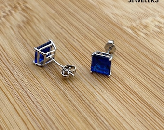 Sterling Silver Created Sapphire Square Cut Stud Earrings