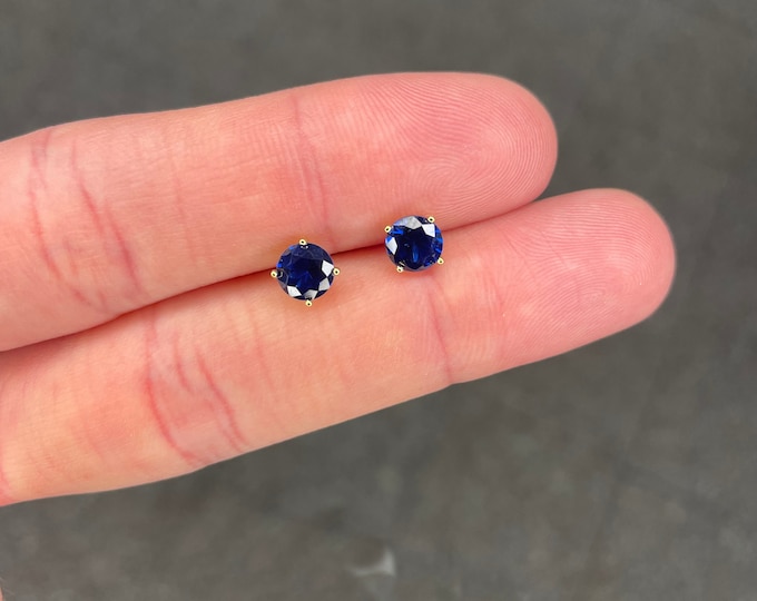 14K Gold Over Sterling Silver Round Cut Sapphire Studs Earrings
