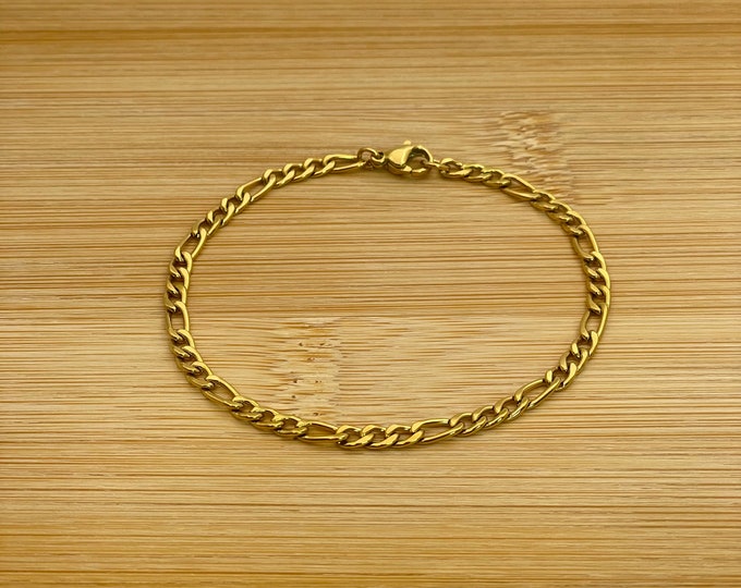 14K Yellow Gold Plated Figaro Link Chain Bracelet, Mens Bracelets, Figaro Link Chain