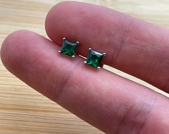 925 Sterling Silver Square Cut Created Emerald Gemstone Studs Earrings