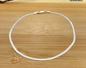 Solid Italian 925 Sterling Silver Herringbone Anklet, Womens Anklet, Herringbone Link Chain 10 Inch Anklet