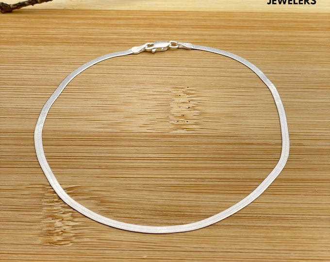 Solid Italian 925 Sterling Silver Herringbone Anklet, Womens Anklet, Herringbone Link Chain 10 Inch Anklet