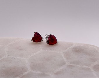 Sterling Silver Created Ruby Heart Cut Stud Earrings