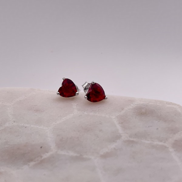 Sterling Silver Genuine Ruby Heart Cut Stud Earrings