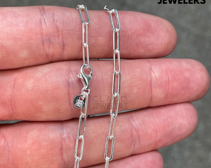 Solid 925 Sterling Silver 3MM Paper Clip Link Chain Necklace Stacking Necklace