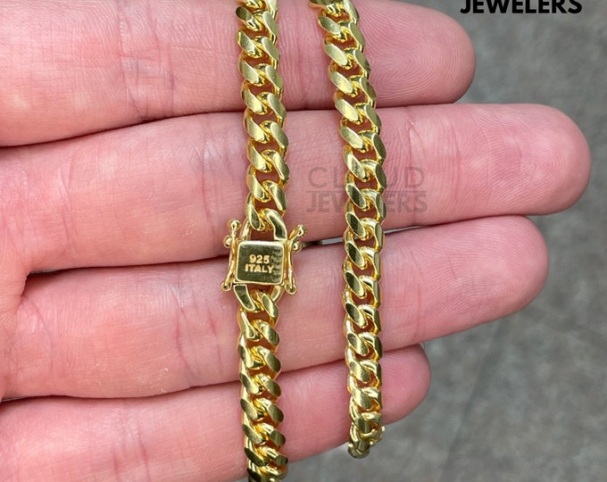 Solid 925 Sterling Silver 5MM Thick Curb Link Chain Necklace Italian Made 14K Gold Plated