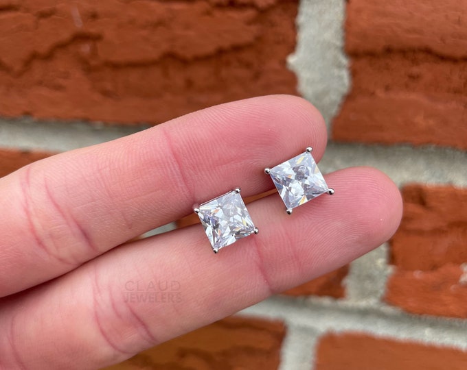 Sterling Silver 925 Crystal Square Cut Studs Earrings Men And Women