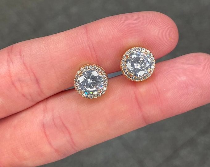 14K Gold Over 925 Sterling Silver Round Cut Halo Studs Earrings