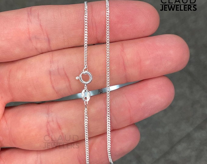 Solid 925 Sterling Silver 1MM Thin Curb Link Chain Pendant Necklace Adult And Kids