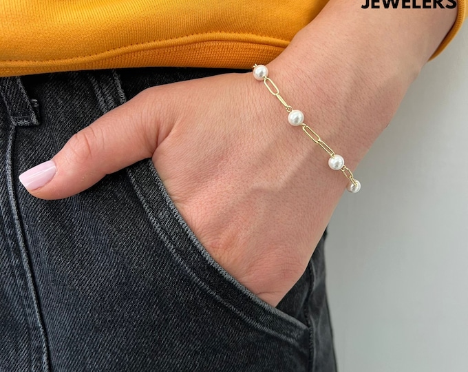 Paperclip Chain Pearl Bracelet, Pearl And Chain Bracelet 14K Gold Plated Women's Bracelet