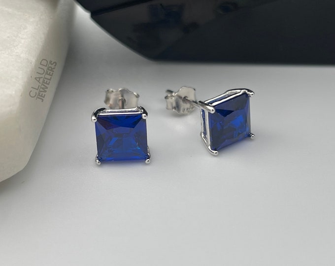 Sterling Silver Created Blue Sapphire Square Cut Studs
