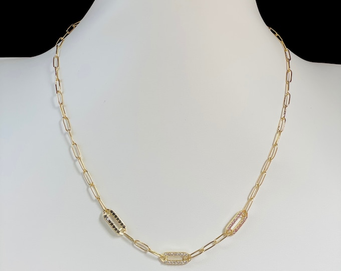 14K Gold Plated Multi Color Crystal CZ Paper Clip Link Chain Necklace Stacking Necklace