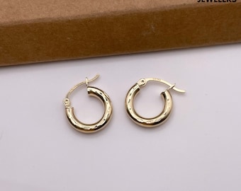 REAL 14K Yellow French Lock Hoops Earrings, 14K Diamond Cut Small Hoops Women Children