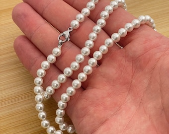 Super Long Pearl Necklace, 30 Inch Long Beaded Pearl Necklace, White Pearl Necklace